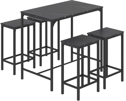 ReseeZac Tavolo da bar con 4 sedie da bar, set da pranzo da cucina, tavolo da bar e sgabello da bar, per cucina sala da pranzo soggiorno taverna, modello di marmo nero, tavolo da bar 100x60x90CM