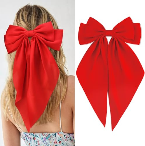 Velscrun Hair Bows for Women Girls Red Silky Satin Large Coquette Hair Bow Oversized Hair Ribbons Big Hair Bows Clip Long Tail Bowknot Hair Barrettes Halloween Christmas Hair Accessories