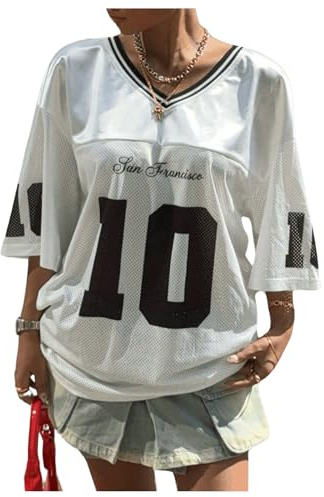Floerns Women's Football Jersey Shirts for Women Oversized Sports Jersey Letter Print V Neck Team Shirts Half Sleeve Custom Jersey White Small