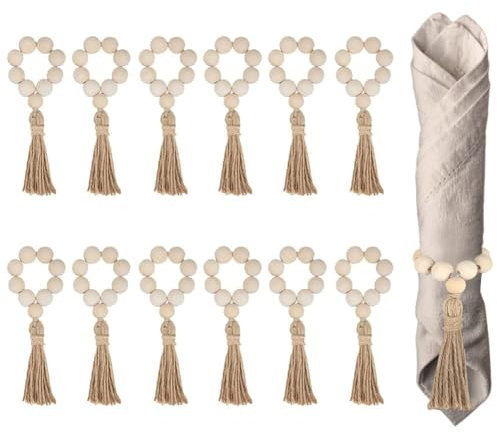 Qaautor 12 Pièces Ronds de Serviette en Perles de Bois Naturel avec Glands Porte-Serviettes pour Noël Ferme Mariage Maison Table Décor