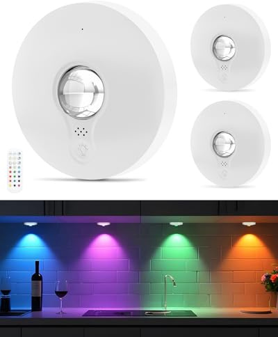 WUYOR Lampes LED RGB Rechargeables avec Télécommande, Lampe de Cuisine Sous Placard avec Batterie 1500mAh, Intensité Réglable et Minuterie, Éclairage Sans Fil à Coller pour Placard, Blanc, Lot de 3