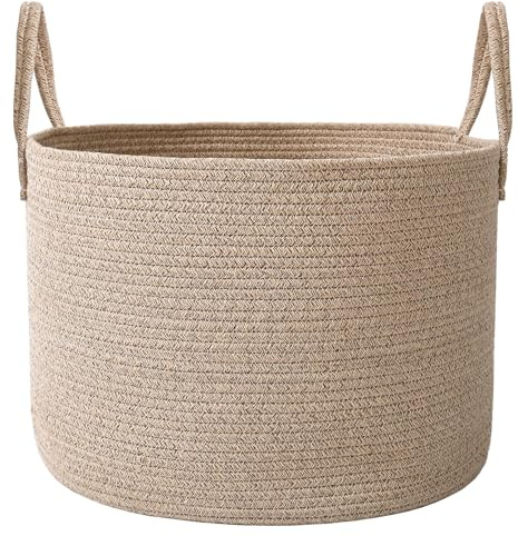 JMvicyroam 65L Extra Large Blanket Basket for Living Room - Woven Cotton Rope Laundry Hamper with Reinforced Handles - Storage Bin for Pillows, Comforters & Toys - Machine Washable,Oatmeal