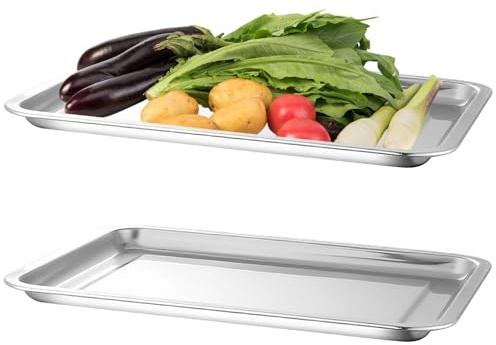 JURENEE 2 Pezzi Vassoio Acciaio, Vassoio da Portata, Vassoio Rettangolare Spessore 0,5 Cm, Dimensioni 27×20×2 Cm, Adatti per Preparazione, Dolci, Barbecue