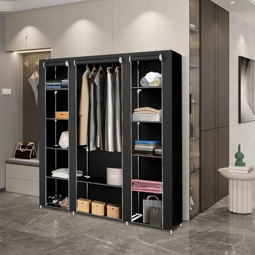 Supfine Armoire de Rangement avec Tringle à Vêtements et étagères, Penderie Tissu Armoire Chambre Portable pour Chambre D'adulte (Noir, A, 175x150x45 cm)