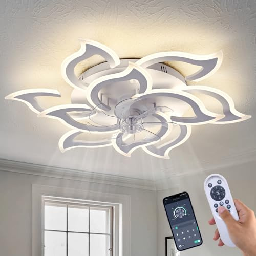 ChenSolara 90cm-Inch White LED Ceiling Fan Light with Remote & App Control, 6 Speeds, Dimmable, Silent Motor, 3 Colour Modes, Timer Function, Modern Flush Mount for Bedroom/Living Room