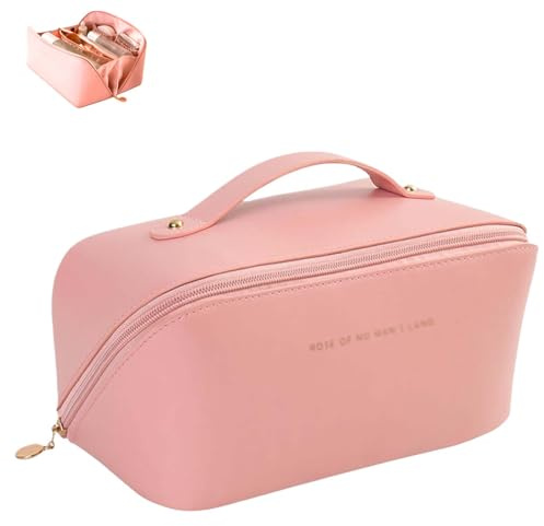 Pink Makeup Bag, Open Flat Makeup Bag with Compartments, with Handle Cosmetic Bags, Travel Make up Bags, Beautiful and Durable Suitable for Home Outdoor and Travel use