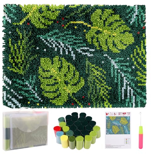 Leaves Latch Hook Rug Kit for Adults Beginners, Pre-Printed 52x38cm | DIY Carpet Making Kit, Patterns Pre-Printed Canvas Yarn Rugs Hooking Kits, Creative Craft Home Decor for DIY Art Lovers