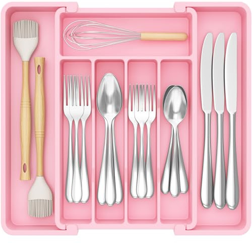 Lifewit Silverware Drawer Organizer, Expandable Utensil Tray for Kitchen, BPA Free Flatware and Cutlery Holder, Adjustable Plastic Storage for Spoons Forks Knives, 8.5-14.1 x 12.1, Pink