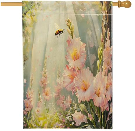 Drapeau de maison en forme de glaïeul printanier 71,1 x 101,6 cm double face pour décoration extérieure, forêt florale, abeilles, cour, lin, motif floral, drapeau de pelouse