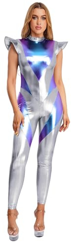 Yiesvsov Costume spaziale da donna, tuta aliena iridescente metallizzata, per Halloween, cosplay, robot, costume alieno, argento, S