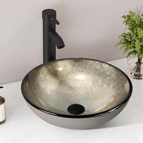 ARTETHYS Bathroom Sink, Cabinet Counter Top Glass Basin Round Silver | Countertop Wash Basin with Faucet Pop-up Drain and Water Pipe for Vanity Cabinet Cloakroom