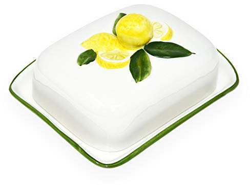 Lashuma Handgemachte Butterdose aus Italienischer Relief Keramik im Zitronendesign, Butterbox Größe 18x14 cm