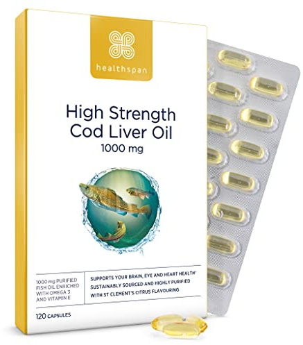 Healthspan Cod Liver Oil 1,000mg | Rich in Omega 3 Fatty Acids DHA & EPA | Brain, Eyes & Heart Health | Vitamin A & D3 | Vision, Bones, Teeth & Immune | Sustainably Sourced (120 Capsules)