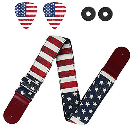 QIELIZI Guitar Strap, Guitar Strap with Leather End Length Adjustable 2 Pick Holders & 2 Matching Picks For Electric Guitar, Acoustic Guitar and Bass - Unique Gift For Guitarist(1-American Flag)