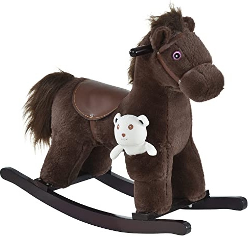 Qaba Kids Rocking Horse with Bear Toy, Plush Animal Rocker with Fun Realistic Sounds for Toddler 18-36 Months, Brown