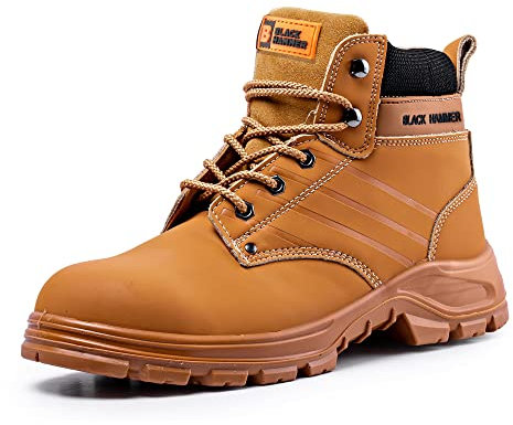 BLACK HAMMER Sicherheitsstiefel Herren S3 SRC Stahlkappe Arbeitsschuhe Knöchelhoch Leder Sicherheitsschuhe Bräunen Leicht 5007 (46 EU)