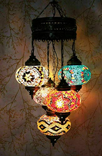 ENVA Lampada a sospensione in vetro a mosaico turco marocchino, fatta a mano, paralume per lampadario, multicolore, 5 grandi globi