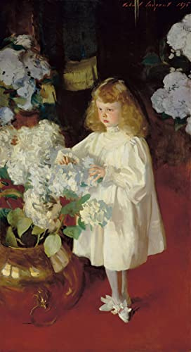 Helen Sears Little Girl Portrait with Vase of White Hydrangeas Flowers 1895 Painting By John Singer Sargent 13 x 24 Image Size Art Repro on Matte Paper. FAF661