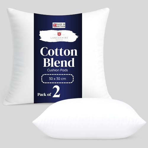 Lancashire Textiles 2 Pack Luxury 12 x 12 (30 x 30cm) Cotton Blend Cushion Pads with Super Bounce Polyester Fibre, Made of Finest British Materials