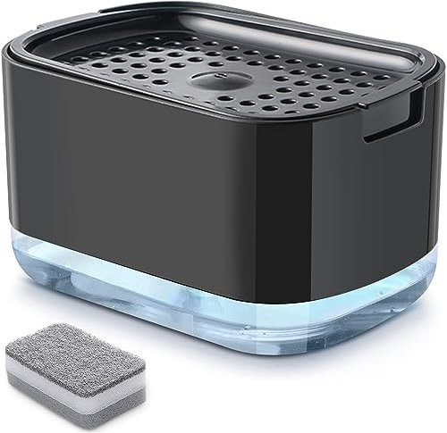 RUFCRIL Seifenspender und Schwammhalter mit Schwamm, 300 ml, Spülseifenspender für Küche, Schwarz