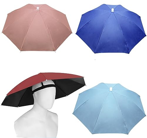 MUFEKUM 4 Pack Umbrella Hats, 27 Hands-Free Head Umbrella Hats for Adult, Folding Waterproof Umbrellas Cap With Head Strap for Outdoor Party, Fishing, Sun, Rain, Beach