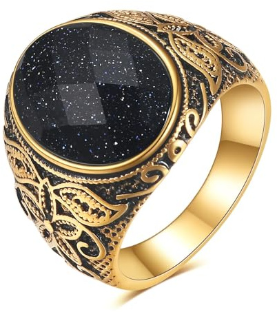 LXBQYSTO Retro Large Tiger Eye Stone Turquoise Wedding Ring For Men Classical Gothic Stainless Steel Rings (Gold-Black, 10)