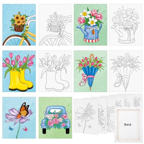 COCHIE 6 Pack 8x10 Inches Spring Flower Pre Drawn Canvas to Paint for Sip and Paint Party, Pre Printed Framed Canvases Set, Umbrella Butterfly Truck Pre Sketched Canvas for Painting for Adults Kids