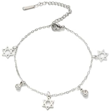 Amaxer Megan - Pulsera ajustable con colgante de estrella de David para mujer, seis puntas, religiosa, judía judía, Hanukkah, 22 centimeters, Acero inoxidable