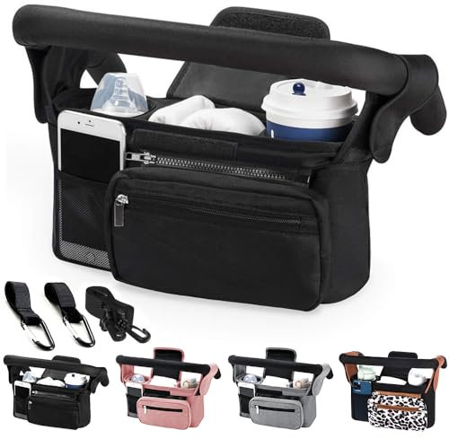 Tyuodna Kinderwagen Organizer Universal,Kinderwagen Tasche mit 2 Isolierten Becherhalter,Buggy Organizer,Kinderwagentaschen mit Schultergurt und Rutschfeste Sichere Haken (Schwarz)