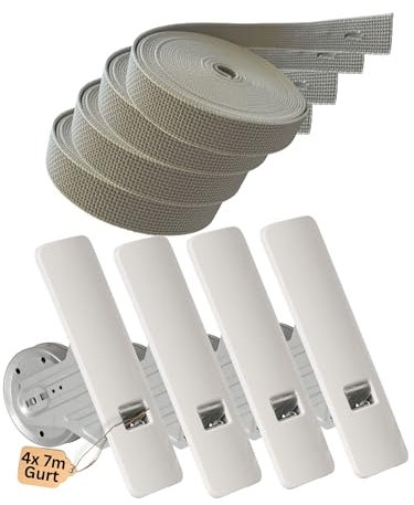 Rollwin 4x Rolladen Gurtwickler Unterputz 165mm bis 185mm Lochabstand - mit 7m Gurt 23mm Rolladengurt mit Gurtwickler Blende zum Clippen Weiß Wickler Rollladen Aufwickler - Schrauben versteckt