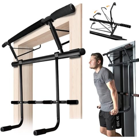 JACKAL Door Pullup Bar and Dip Bar Station - Removable Dip Bars, Rigid NO WOBBLE, Easy Folding Storage, No Screws, Dip Station and Pull-up Bar for Doorway, Collapsible Dip Station, No Door Damage, High Weight Capacity, Foldable Bodyweight Workout Station