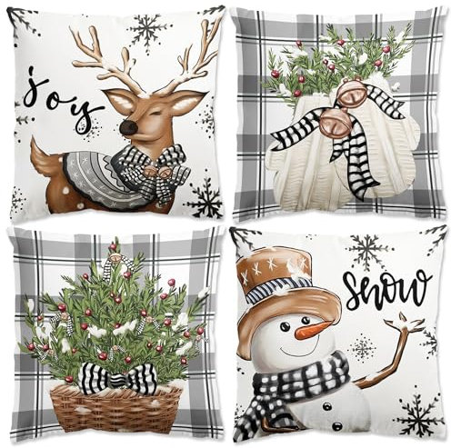 Christmas Cushion Covers - Christmas Decorations Pillow Cases 45 x 45cm Set Of 4 Grey And White Throw Pillow Cover, Snowflake Stag Cushions Xmas Cushion Covers For Home Sofa Living Room Decorations