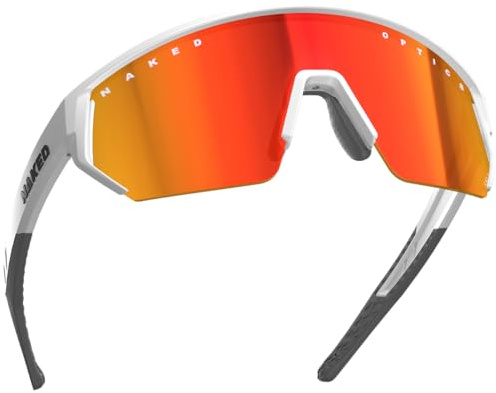 NAKED Optics BLADE Sportbrille Herren, Fahrradbrille Damen, Sport Sonnenbrille mit UV400 Schutz, Schnelle Brille, Rennrad Radbrille, Laufbrille, TR90 Rahmen (Weiß (Rotes Glas))