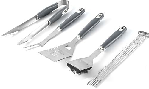 Premium Grillzubehör Set 10-teilig Edelstahl Rostfrei - Grillwerkzeug Set mit Spatel, Grillzange, Fleischgabel & Reinigungsbürste - Für Grillen, BBQ, Camping, Garten, Robuste Grillut