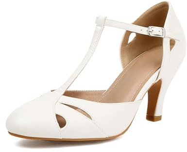 elerhythm Mary Jane Chaussures vintage pour femme avec bride de cheville fermée, bout rond, talons Gatsby, style rétro, années 1950, style victorien, Blanc., 39 EU