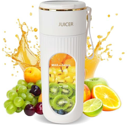 Frullatore Portatile, Shake Mixer, 340ML Frullatore Smoothie Blender Mixer Bottle Smoothie Maker, Mini Frullatore Personale Multifunzionale per Spremute Fresche Miscelatore USB Ricabile (Bianco)