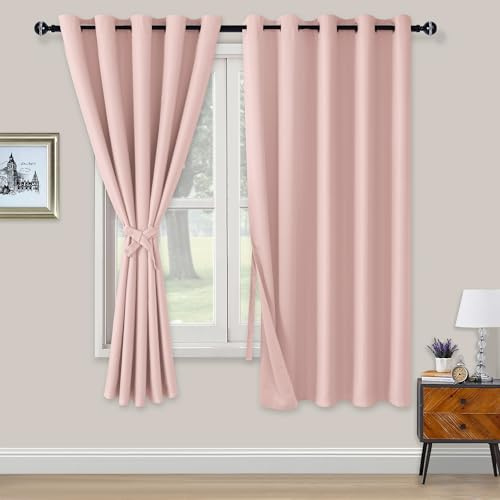 XWZO Blackout Curtains Shades Window Curtain Panels with Tiebacks- Noise Reduction and Thermal Insulated Eyelet Curtains for Bedroom,Living Room,Office,Study Room Pink W66xL72