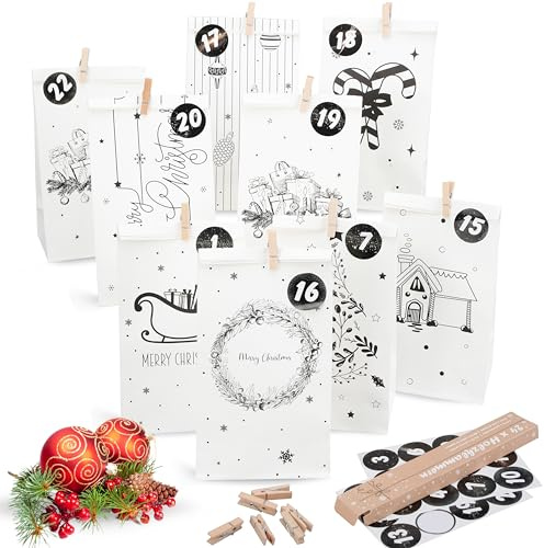 Calendario dell'Avvento da riempire, 24 sacchetti di carta dell'Avvento (con 24 adesivi con numeri e mollette in legno) per il fai da te per il fai da te e il regalo – Natale e calendario dell'Avvento