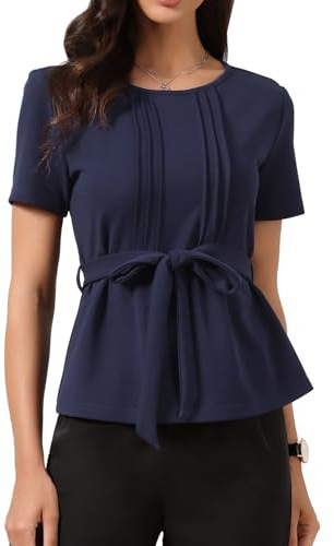 Allegra K Elegante top casual da donna estivo plissettato girocollo con cintura a maniche corte camicetta, Blu scuro, S