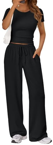 LILLUSORY Two Piece Lounge Wear Pjs Sets for Women UK Vacation Travel Outfit Airport Casual Elastic Waisted Wide Leg Pants Co Ord Sets Gym Tracksuit Dressly Capsule Wardrobe Clothing 2026 Black L