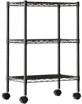 DUMOS Industrial 3 Level Grid Storage Rack ，Mobile Metallic Shelving System with Lockable Wheels， Multi-Purpose Cabinet for Workshop, Culinary Space, Storeroom, Washroom & Restroom Black