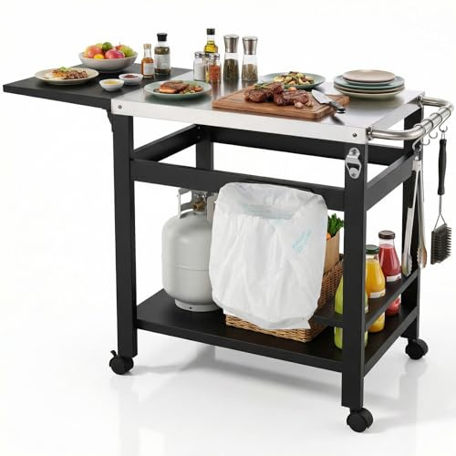 LIFERUN Carrello Barbecue per Esterni,Carrello da Pranzo Multifunzionale con Tavolo Laterale Pieghevole,Tavolo per Grigliare con Piano in Acciaio Inox,4 Ruote,Ganci e Portabottiglie,116x48.5x80.5 cm