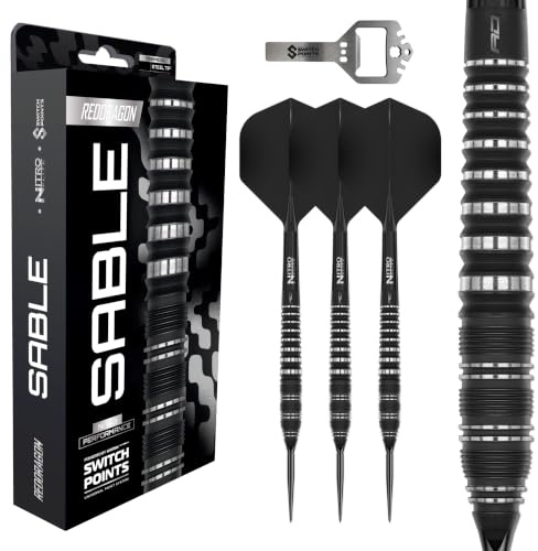 Röd DRAGON Darts – Sable Series | Switch Points Powered by Winmau | 90 % Tungsten Steelarts Set | Parallel, Torpedo & Bomb Barrel | Proi dartpilar med metallspets | 21 g, 22 g, 23 g, 24 g, 25 g, 26 g