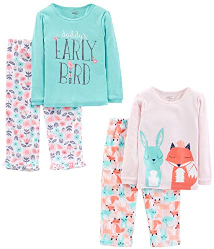 Simple Joys by Carter's Ensemble de Pyjama 4 Pièces (Haut en Coton et Bas en Polaire) Fille, Bleu Imprimé Texte/Rose Animaux de la Forêt/Rose Clair Fleuri, 5 ans