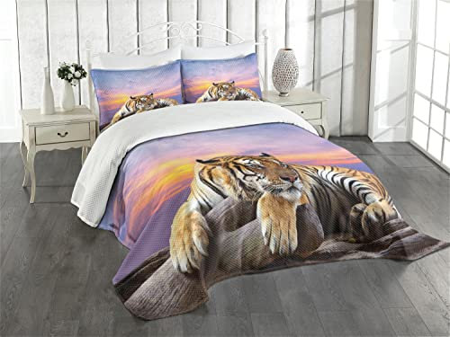 ABAKUHAUS Safari Tagesdecke Set, Tiger Bunte Sonnenuntergang, Set mit Kissenbezug Weicher Stoff, für Einzelbetten 170 x 220 cm, Lavendel Senf Beige Lila