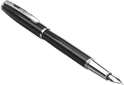 Amazon Basics Refillable Fountain Pen with Smooth Writing, Medium Point, Black Metal Barrel, Black Ink, 2 Replacement Cartridges