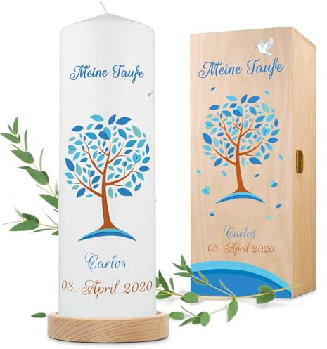 GRAVURZEILE Taufkerze Lebensbaum - Kerze mit Namen, Datum & Taufspruch - Hochwertige Stumpenkerze 250/80 mm brilliant bedruckt - Personalisiertes Taufgeschenk für Mädchen & Jungen - Weiß - Blau