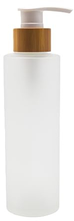 Upstore 1 bottiglia vuota da 150 ml, in vetro smerigliato, ricaricabile, con pompa a pressione, con testa a pompa in bambù, per shampoo, oli essenziali, gel doccia, sapone per mani, lozioni