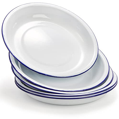Dicunoy Pack of 5 Enamel Plates, 9.5 Unbreakable Enamelware Dinner Serving Platter Trays, Retro White Round Shallow Bowls with Blue Rim for Pasta, Salad, Pie, Camping, Outdoor, Picnic, BBQ
