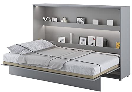 Arthauss Horizontal Wall Bed - Space-Saving Hidden Cabinet Bed, Fold Down Murphy Bed for Small Rooms, Multifunctional with Shelving Storage, Soft Close System 120 x 200cm in Grey Matt